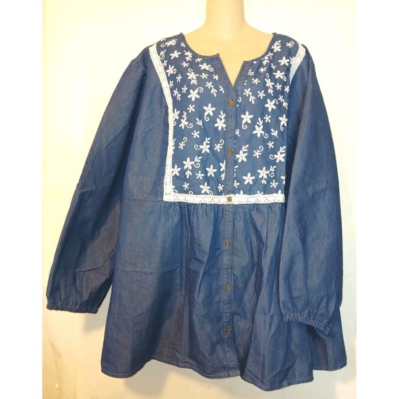 Woman Within Tops - NEW Woman Within Maternity Jean Shirt Blouse Embroidered 100% Cotton SZ 3X  D142